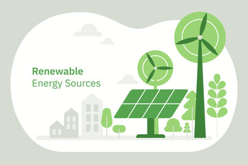 Green economy and renewable energy concept in flat vector illustration. Solar electric panels and wind turbines. Sustainable power plants for clean earth environment