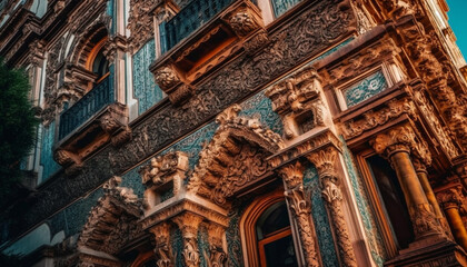 Ornate sandstone facade, ancient decor, historic elegance generated by AI