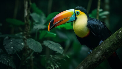 Naklejka premium One toucan perched on branch in forest generated by AI