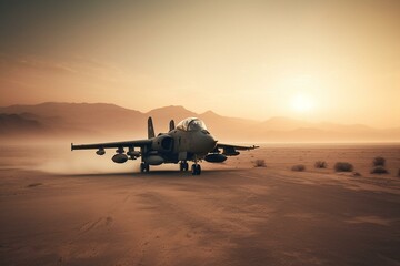 Fototapeta na wymiar Fighter plane in misty desert at dusk. Generative AI