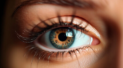 Fototapeta premium Close up detail beautiful female eye macro, fashion naturel makeup. Generative AI