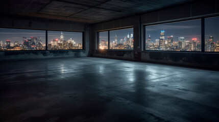 Fototapeta na wymiar Empty concrete floor in the foreground, city skyline at night. Generative AI