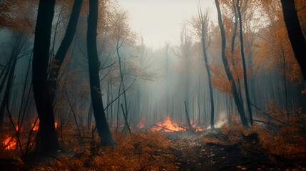 Waldbrand mit Bäumen im Feuer. Generative AI