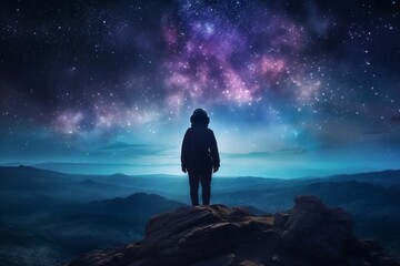 Obraz premium an astronaut stands on a rock and looks into a beautiful valley created with Generative AI technology
