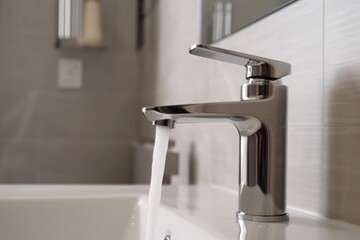 Faucet from which water flows, close up