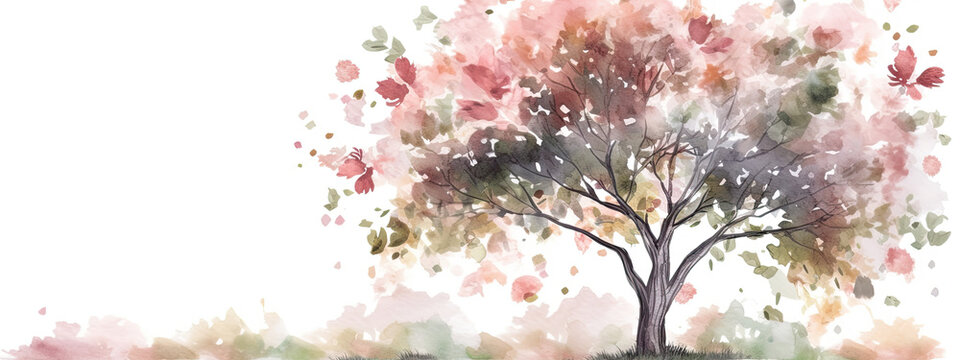 Watercolor painting of a tree in bloom. Soft colors of pink and peach, wide border with room for copy - Generative AI 