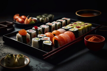 Big sushi roll set top view. Flat lay with lots of sushi and rolls. Generative AI.