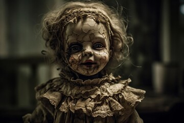 old creepy doll is beautiful very damaged created with Generative AI technology