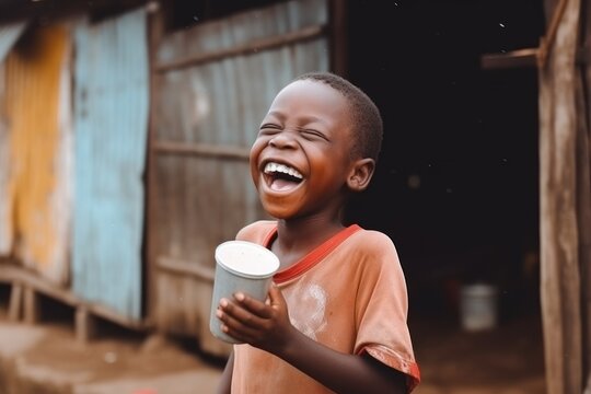 Drought, lack of water problem. Laughing child in Africa close-up with mug of water