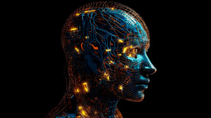 Side view of a humanoid head with blue and yellow eyes and vibrant neon neural network, representing futuristic technology and artificial intelligence. Generative AI