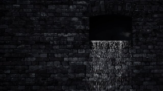 Rock Wall with Water Dripping out of Window 4K Loop features a dark stone wall with a window that leads to blackness with rolling smoke and water pouring out of the window in a loop.