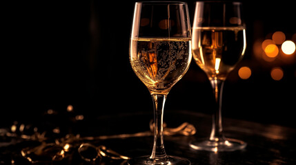 Two glasses of champagne, New Year's Eve party. Generative AI