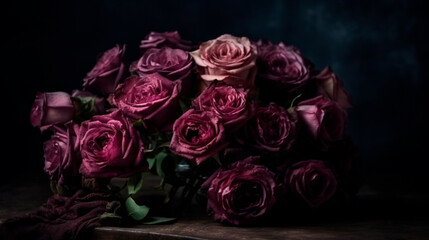 Obraz na płótnie Canvas Vintage Classic deep violet rose bouquet on dark background. Generative AI