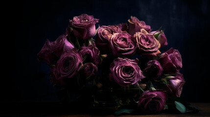 Vintage Classic deep violet rose bouquet on dark background. Generative AI
