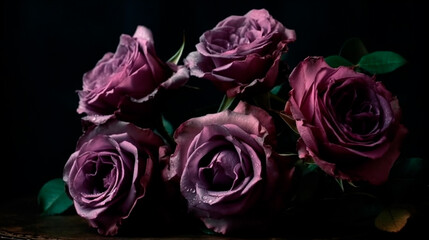 Vintage Classic deep violet rose bouquet on dark background. Generative AI