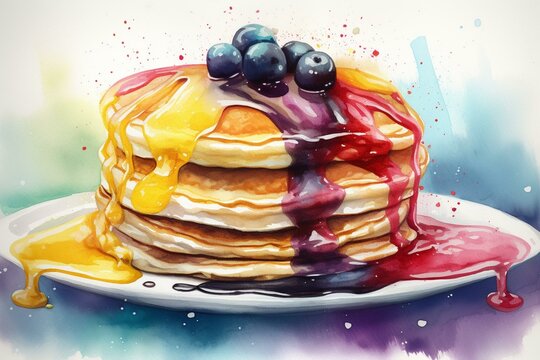 Illustration of fluffy and colorful pancakes painted with watercolors. Generative AI