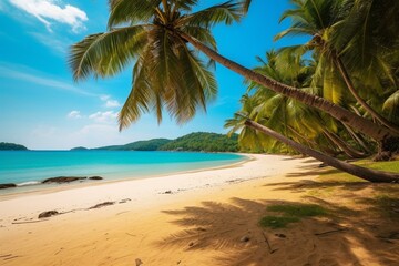Obraz na płótnie Canvas Stunning view of coconut trees on a Phuket beach, with turquoise ocean waves and a yellow sand beach in the background. Perfect summer tropical landscape. Generative AI