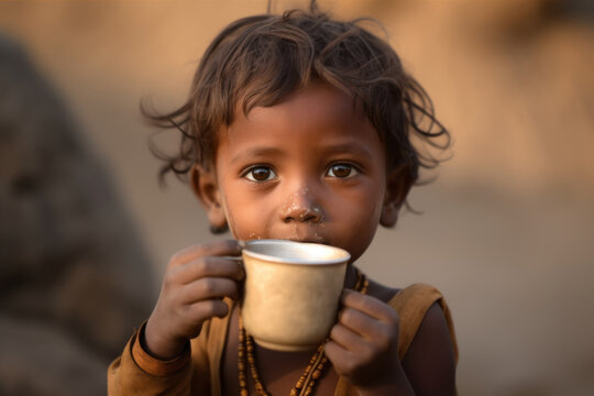 Drought, lack of water problem. Saying child in Africa close-up with cup of water. 