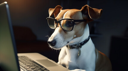 Generative Ai image of a jack russell terrier looking at a laptop - obrazy, fototapety, plakaty