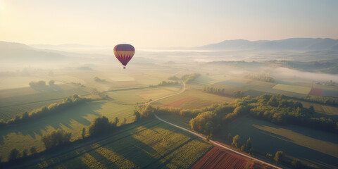 Hot air balloon over cinematic landscape, holiday travel and adventure transportation view