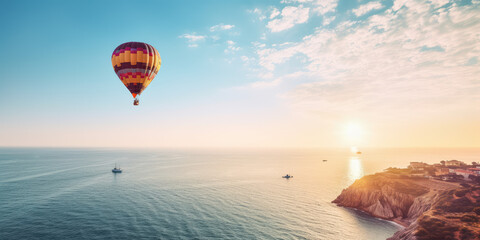 Fototapeta na wymiar Hot air balloon over cinematic landscape, holiday travel and adventure transportation view