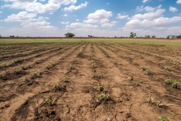 Dry cracked agricultural field due to drought, lack of water