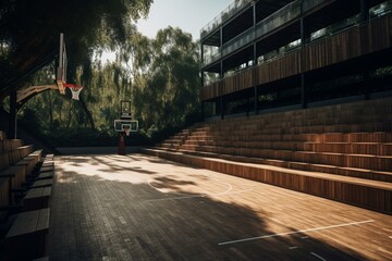 Wooden basketball court with grandstand. Generative AI