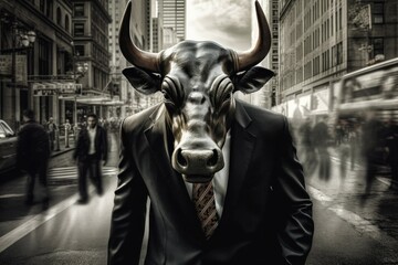 An anthropomorphic bull dressed in a business suit like a boss. AI generated, human enhanced