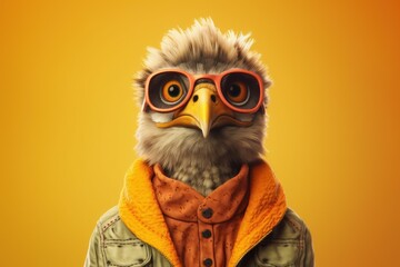 Anthropomorphic bird dressed in human clothing. humanized animal concept. AI generated, human enhanced