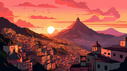 A childish style vector illustration of the city of Quito at sunset. orange and black colors. made with artificial intelligence.