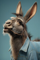 Anthropomorphic donkey dressed in human clothing. humanized animal concept. AI generated, human enhanced. Vertical image