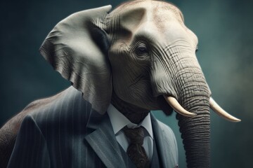 Anthropomorphic elephant dressed in a suit like a businessman. business concept. AI generated, human enhanced.