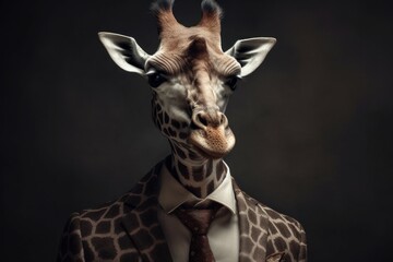 An anthropomorphic giraffe dressed in a business suit like a boss. AI generated, human enhanced
