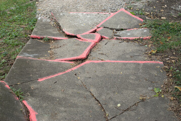 September 17, 2022. Joliet, Illinois, USA. A section of sidewalk is marked with pink paint as in...
