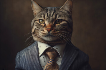 Anthropomorphic cat dressed in a suit like a businessman. business concept. AI generated, human enhanced