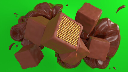 3d chocolate wafer with melted caramel and melted chocolate spill behind isolated in green. Product background