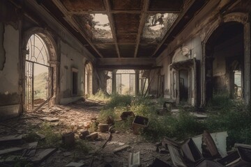 Fototapeta na wymiar Abandoned remains in a barren afterlife panorama. Generative AI
