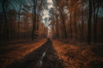 Autumn road surrounded by trees in forest. Generative AI