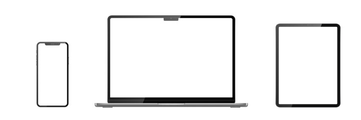 Set of laptop, tablet, phone on transparent background with transparent screen. Vector illustration.