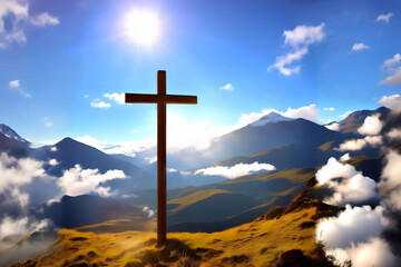 Cross on the mountain with sun light, faith, belief and spirituality. Crucifixion and resurrection of Jesus Christ at Easter, generative AI