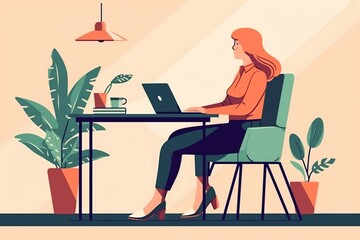 Fototapeta premium Business woman with laptop sitting on the chair. Freelance or working concept. Cute illustration in flat style. AI generative