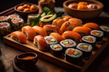 Sushi and rolls on a wooden board. Close-up of sushi and rolls. Generative AI.