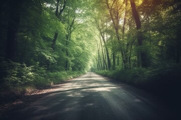 Retro style road leading to the forest, perfect for travel and vacation concept. Generative AI