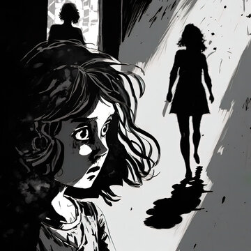dark shadows chasing people mental health concept, depression, Anxiety, panic attacks, Voices in my head, mental health month, mental health awareness, loneliness, phobias, PTSD. Generative AI