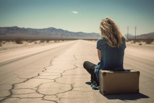 young woman from behind sitting on a suitcase in the middle of a desert road, waiting for transportation. Generative AI