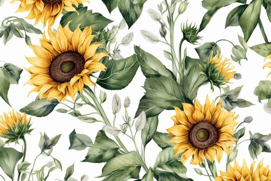 A seamless watercolor floral pattern featuring leaves and sunflowers on a white background. Generative AI