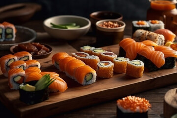 Sushi and rolls on a wooden board, serving in a cafe or restaurant. Generative AI.