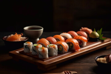 Sushi and rolls on a wooden board, serving in a cafe or restaurant. Generative AI.