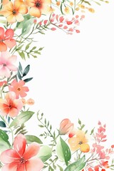 Beautiful small spring flowers and leaves border, rectangle, watercolour style, copy space. AI generative