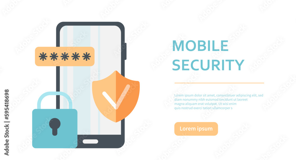 Poster mobile security concept. smartphone with password and shield. account or profile access, verificatio